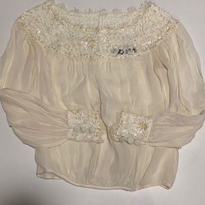 VINTAGE Tadashi Women's Floral Lace Top Blouse with Chiffon Sleeve Ivory sz 2